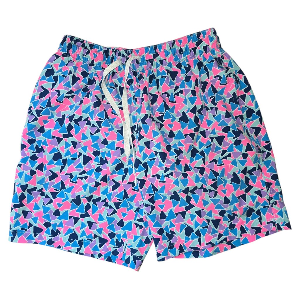 Chubbies Mens Pink Blue Geometric Triangle Print Swim Trunks Mesh Lining Size S